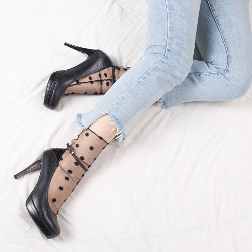 Black Polka Dot Print Lace Socks